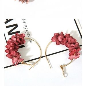 Wine red Flower Pedal Hoop Earrings Gold tone